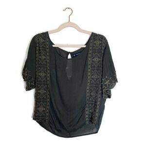 American Eagle Crop Peasant Top Sz S Rayon Oversize Embroidered Gray Boho